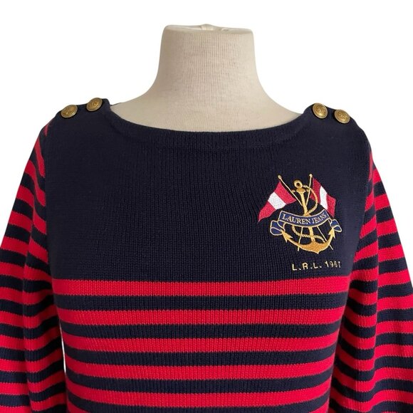 Ralph Lauren Jeans Co Womens Sweater Sz Medium Navy Blue Red Stripe Crested - Picture 4 of 9